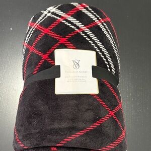 Victoria's Secret Black Plaid Plush Throw with Red and White Accents